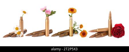 Set di proiettili e bellissimi fiori isolati su bianco Foto Stock