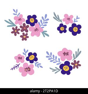 Composizioni floreali con graziosi fiori pastello. Elementi decorativi per inviti e biglietti di auguri. Illustrazione Vettoriale