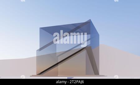 Architettura astratta futuristica, design a cubo trasparente, con sfondo tramonto. Rendering dell'illustrazione 3D. Foto Stock