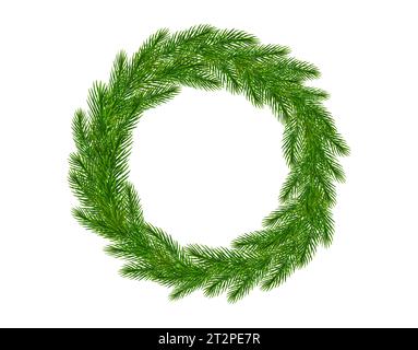 Corona di Natale di rami realistici di abete. Albero di Natale telaio rami per auguri Capodanno e biglietti di Natale, banner, inviti. Vettore Illustrazione Vettoriale