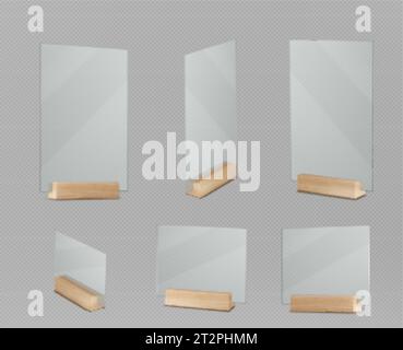 Set di trofei d'erba 3D su base di legno isolati su sfondo trasparente. Illustrazione vettoriale realistica di un premio in acrilico quadrato e rettangolare Illustrazione Vettoriale