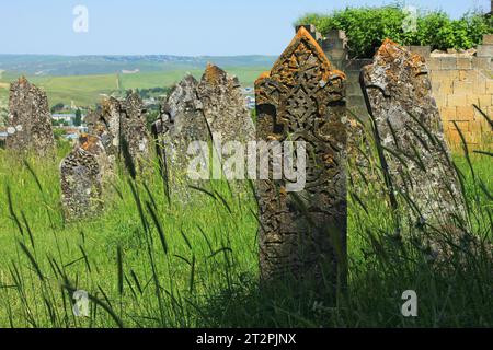 Un antico cimitero vicino al mausoleo delle sette cupole nella città di Shamakhi. Azerbaigian. Foto Stock