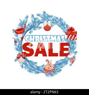 Saldi di Natale. Banner pubblicitario con coloratissimi elementi natalizi in una cornice su sfondo bianco. Illustrazione Vettoriale