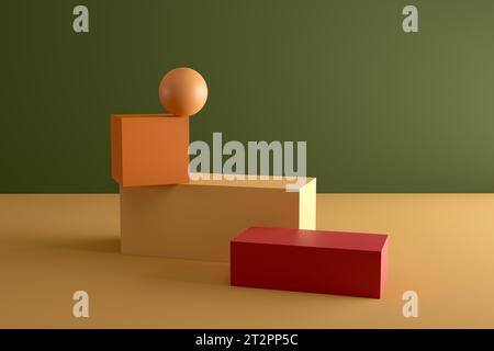 Podio rosso e arancione con forme geometriche in legno per pubblicità e posizionamento dei prodotti. Rendering 3D. Foto Stock