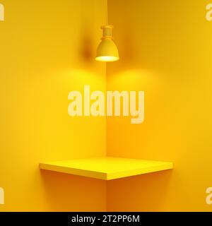 Piedistallo quadrato monocromatico giallo o ripiano in podio nell'angolo di una stanza con una lampada da soffitto sulla parte superiore per l'esposizione o la presentazione del prodotto. Rendering 3D. Foto Stock