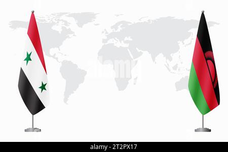 Siria e Malawi bandiere per un incontro ufficiale sullo sfondo della mappa mondiale. Illustrazione Vettoriale