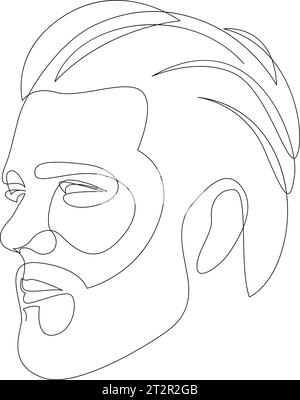 Disegno continuo di un uomo con capelli e barba rigogliosi. Linea singola di acconciatura uomo alla moda Illustrazione Vettoriale