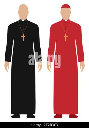 Serie vettoriale di sacerdoti vestiti in nero e rosso, isolati su sfondo bianco. Illustrazione Vettoriale