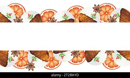 Bordo senza cuciture acquerello, cornice, banner, modello con illustrazione natalizia con mandarino fresco, arancione, biscotti croccanti al pan di zenzero e anice. Nuovo Foto Stock
