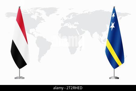 Yemen e Curacao bandiere per un incontro ufficiale sullo sfondo della mappa mondiale. Illustrazione Vettoriale