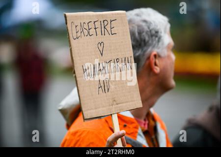 Montpelier, USA. 20 ottobre 2023. Il partecipante detiene un cartello che chiede il cessate il fuoco durante un raduno presso la Vermont State House a Montpelier, VT, USA, per piangere le vittime del conflitto in Israele e Gaza. Crediti: John Lazenby/Alamy Live News Foto Stock