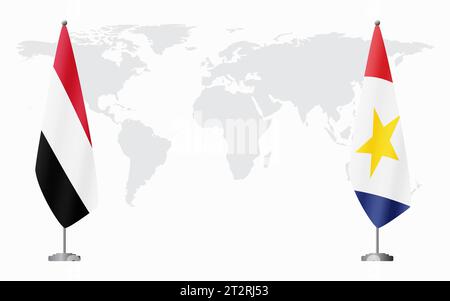 Yemen e Saba bandiere per un incontro ufficiale sullo sfondo della mappa mondiale. Illustrazione Vettoriale