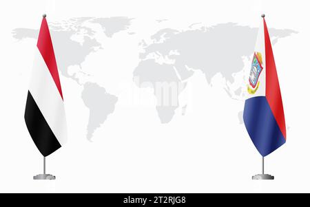 Yemen e Sint Maarten bandiere per un incontro ufficiale sullo sfondo della mappa mondiale. Illustrazione Vettoriale