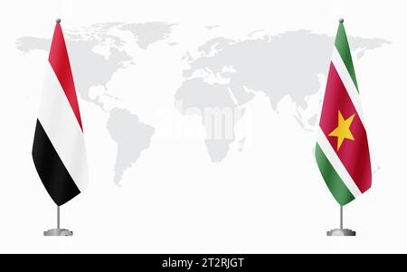 Bandiere dello Yemen e del Suriname per un incontro ufficiale sullo sfondo della mappa mondiale. Illustrazione Vettoriale