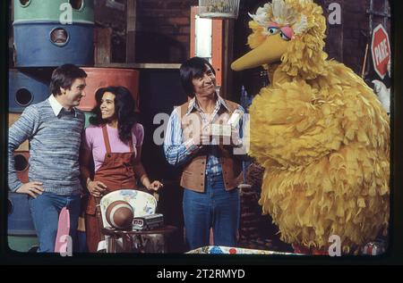 4 attori originali di Sesame Street - Carroll Spinney nel ruolo di Big Bird, Sonia Manzano nel ruolo di Maria, Bob McGrath nel ruolo di Bob Johnson ed Emilio Delgado nel ruolo di Luis. Durante una prova del 1977, quando il programma è stato girato nell'Upper West Side. Foto Stock