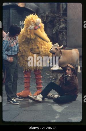 Una foto del 1977 delle prove sul set di Sesame Street che mostra Big Bird (Carroll Spinney) mentre fa una scena con Gladys the Cow e Luis interpretati da Emilio Delgado. Richard Hunt era il burattinaio di Gladys. Foto Stock