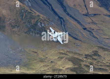 Ein Kampfflugzeug der Schweizer Luftwaffe vom Typ McDonnell Douglas F/A-18C Hornet. Flugvorführungen der Schweizer Luftwaffe auf dem Fliegerschiessplatz Axalp-Ebenfluh AM 18. Oktober 2023. Axalp ob Brienz Kanton Bern Schweiz *** Un McDonnell Douglas F A 18C Hornet caccia dimostrazioni di volo presso la gamma aerea Axalp Ebenfluh il 18 ottobre 2023 Axalp ob Brienz Canton Berna Svizzera credito: Imago/Alamy Live News Foto Stock