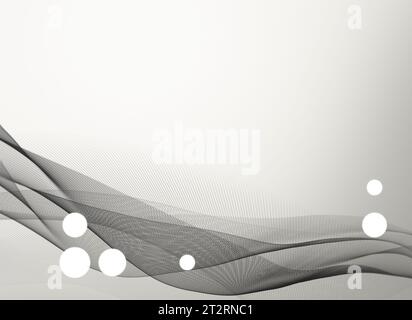 Linee nere ritorte astratte e puntini bianchi su sfondo grigio chiaro. Sfondo astratto, moderno e dinamico con spazio di copia. Foto Stock