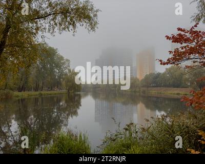 Ripresa cinematografica di una giornata autunnale in nebbia in un parco cittadino. Un lago nel mezzo del parco, vicino a grattacieli e alberi decorati con colori autunnali Foto Stock