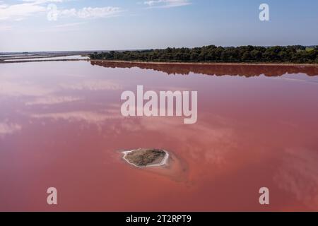 Vista aerea di una salina con l'isola di sale, Aigues Mortes, Camargue, Provenza, Francia Foto Stock