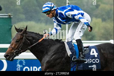 Ascot, Berkshire, Regno Unito. Sabato 21 ottobre 2023. Big Rock e il fantino Aurelien Lemaitre vincono la Queen Elizabeth II Stakes (sponsorizzata da QIPCO) gruppo 1 per l'allenatore Christopher Head e il proprietario Yeguada Centurion SLU. Credito immagini equine JTW / Alamy Live News Foto Stock