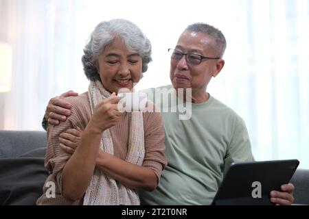 Affettuosa coppia asiatica anziana che condivide un caldo abbraccio sul divano, celebrando il loro amore e la loro amicizia duraturi. Marito e moglie anziani Happy fa Foto Stock