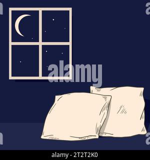 Disegno del cuscino. Dolce sogno. Interno della camera da letto. Cuscino del letto. Biancheria da letto confortevole. Cielo scuro notturno con mezzaluna e stelle. Appartamento con finestra in camera. Quasi Illustrazione Vettoriale