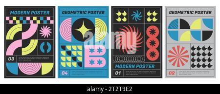 Poster geometrici moderni con forme futuristiche astratte. Collezione di volantini Vector con elementi grafici colorati, figure semplici e intestazioni in stile brutale. Collezione di copertine con stampe alla moda. Illustrazione Vettoriale