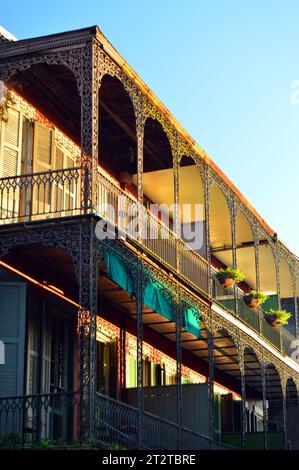 Ringhiere in ferro battuto decorano un balcone e una galleria nel quartiere francese di New Orleans Foto Stock