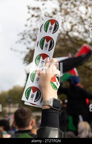 Decine di migliaia di sostenitori pro-palestinesi hanno marciato da Marble Arch a Whitehall durante la marcia nazionale per la Palestina per ascoltare gli oratori ospiti che chiedevano un cessate il fuoco dopo la campagna di bombardamento israeliano a Gaza contro i militanti di Hamas. Crediti: Sinai Noor/Alamy Live News Foto Stock