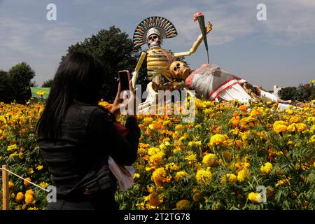 Non esclusiva: 20 ottobre 2023, Stato di Puebla, Messico: Catrinas monumentali con varie rappresentazioni di personaggi adornano campi e luoghi in Th Foto Stock