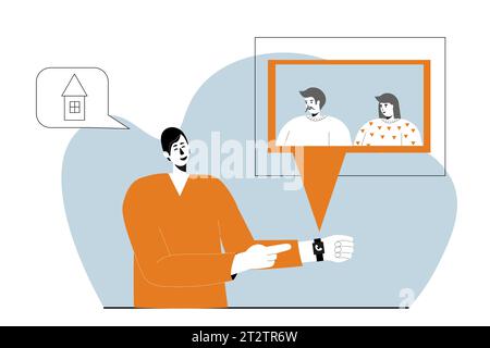 Un giovane malato parla con una proiezione di un genitore che appare da un braccialetto durante una videochiamata. Illustrazione Vettoriale