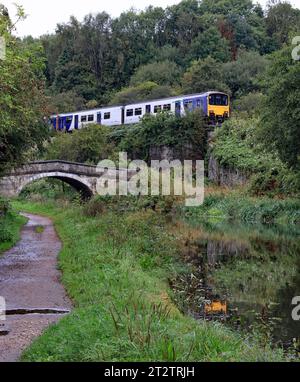 Northern Trains DMU passa il ponte 41 sul canale Leeds e Liverpool nella Douglas Valley del Lancashire a ovest di Wigan. Foto Stock