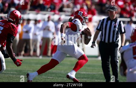 Bloomington, USA. 21 ottobre 2023. BLOOMINGTON, INDIANA - 21 OTTOBRE: Il quarterback dei Rutgers Scarlet Knights Gavin Wimsatt (2) corre un touchdown contro l'Indiana University durante una partita di football NCAA il 21 ottobre 2023 a Bloomington, Indiana. ( Credit: Jeremy Hogan/Alamy Live News Foto Stock
