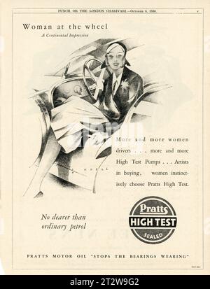 PRATTS PROVA ALTA benzina / olio motore con illustrazioni di Woman driver 1930 British Magazine Advertisement Foto Stock