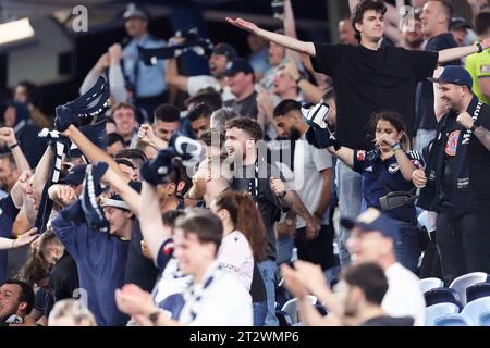 Sydney, Australia. 21 ottobre 2023. I tifosi del Melbourne Victory mostrano il loro supporto durante l'Isuzu Ute A-League Rd1 tra il Sydney FC e il Melbourne Victory all'Allianz Stadium il 21 ottobre 2023 a Sydney, Australia Credit: IOIO IMAGES/Alamy Live News Foto Stock