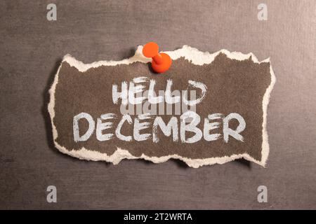 Foglie di eucalipto, una busta e un cartellino bianco con il testo HELLO DECEMBER su sfondo scuro. Posizione piatta, vista dall'alto. Foto Stock