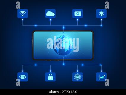 Tecnologia smartphone, schermo del telefono cellulare con globo con icone della tecnologia connessa. Si riferisce alla tecnologia telefonica che collega le informazioni provenienti da t Illustrazione Vettoriale