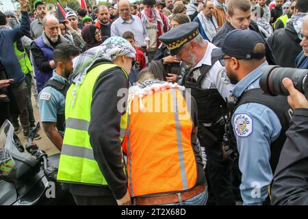 Due persone si scontrano all'inizio del raduno e marcia a sostegno dei palestinesi che si è tenuto nel Loop di Chicago il 21 ottobre 2023. È stata la quarta protesta di Chicago in due settimane a sostegno della causa palestinese e a radunarsi contro l'azione militare israeliana a Gaza. (Foto di: Alexandra Buxbaum/Sipa USA) credito: SIPA USA/Alamy Live News Foto Stock