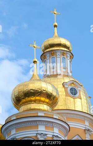 Due cupole dell'antica cattedrale di Vladimir icona della madre di Dio in una giornata di sole. San Pietroburgo, Russia Foto Stock