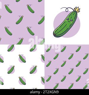 Set di simpatici motivi di cetriolo Kawaii. Icona cibo e verdura piatto. Motivo cartoon cetriolo senza cuciture, stile doodle. Illustrazione vettoriale disegnata a mano. Patte Illustrazione Vettoriale