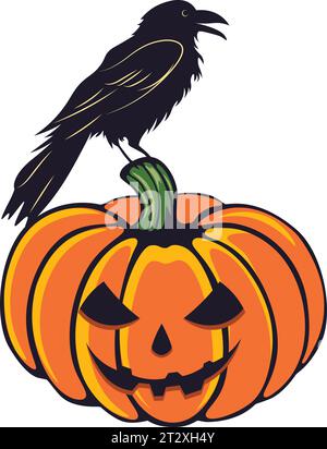Grande zucca arancione matura con viso e corvo intagliati, illustrazione a tema Halloween. Illustrazione Vettoriale