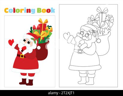 Pagina da colorare. Babbo Natale allegro con una borsa di regali natalizi in stile cartoni animati. Babbo Natale sta di lato e gli agita la mano. Illustrazione Vettoriale