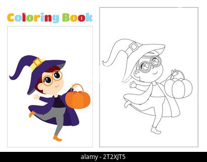 Pagina da colorare. Un bambino in costume mago e un cappello corre con un cestino di caramelle. Il personaggio di Halloween è felice e felice. Illustrazione dei cartoni animati isolata Illustrazione Vettoriale