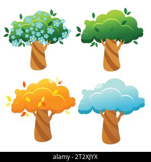 Insieme di alberi di stagioni diverse. Alberi invernali, primaverili, estivi e autunnali in stile cartoni animati isolati su sfondo bianco. Illustrazione Vettoriale