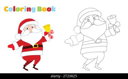 Pagina da colorare.Babbo Natale sta correndo o ballando con una campana in mano. Divertente design invernale. Illustrazione natalizia in stile cartone animato piatto. Illustrazione Vettoriale