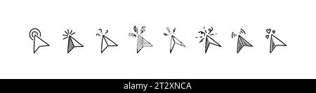 Puntatore per doodle di navigazione per auto impostato. Fare clic sull'icona dello schizzo disegnato a mano. Illustrazione del vettore di schizzo. Cursore del mouse inciso. Freccia GPS Illustrazione Vettoriale