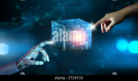 La mano del robot ai e la mano dell'uomo d'affari puntano la tecnologia del cubo. Sistema di rete Blockchain. Elaborazione dello storage di big data, dati cloud, sicurezza Internet. Foto Stock