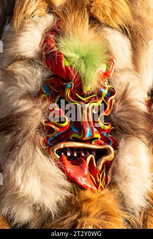 Maschera decorativa in legno colorato e pelliccia Kukeri Mummers, Bulgaria Foto Stock