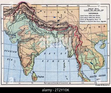 mappa di India e Asia circa 1910 da un libro di testo di geografia scolastica Foto Stock